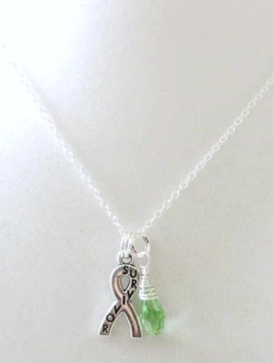 Lime Green Lymphoma Awareness Ribbon  Hope Survivor Silver Ribbon Pendant Necklace You Choose Ribbon Design