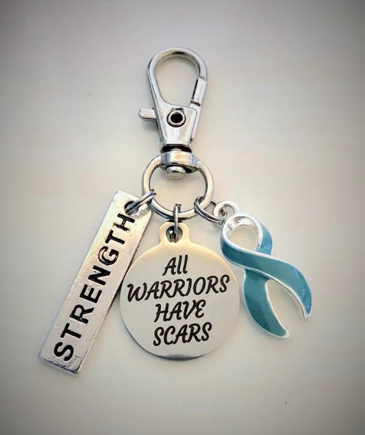 Teal All Warriors Have Scars Strength Zipper Pull Keychain Ovarian Cancer Anxiety PTSD OCD Tourettes Scleroderma PCOS Sexual Assault