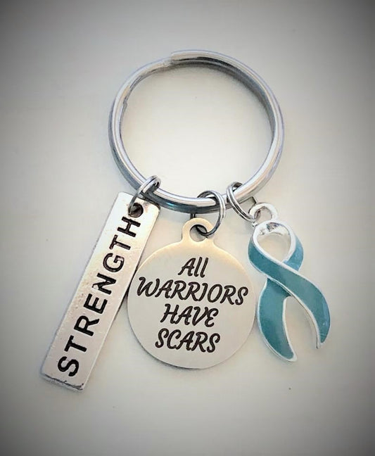 Teal All Warriors Have Scars Strength Keychain Ovarian Cancer Anxiety PTSD OCD Tourettes Scleroderma PCOS Sexual Assault/Violence