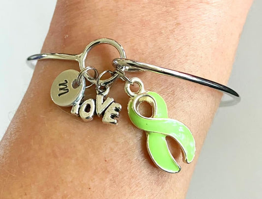 Lime Green LOVE HOPE Customizable Awareness Ribbon Charm Bangle Bracelet With Optional Love Hope and Letter Charm