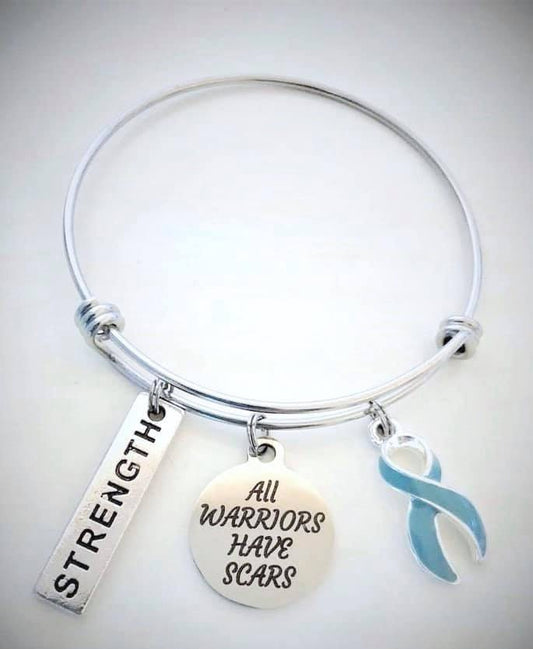 Teal All Warriors Have Scars Stainless Steel Strength Bangle Bracelet You Select Bangle Size Ovarian Cancer Anxiety PTSD Tourettes