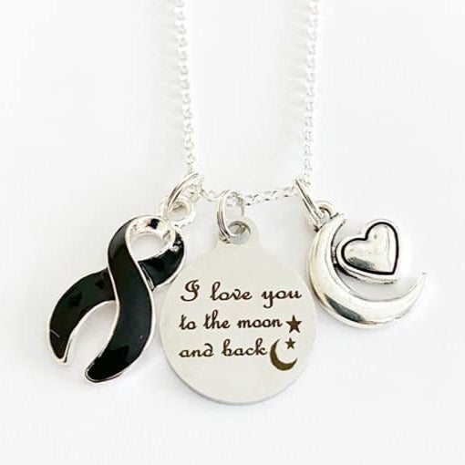 Black Melanoma Skin Cancer Awareness Ribbon I Love You To the Moon and Back Laser Engraved Necklace You Select Chain Material and Length