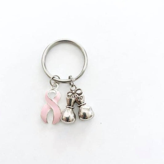 Pink Awareness Strength Boxing Glove Key Chain Key Ring With Pink Ribbon Charm Breast Cancer Testicular Cancer