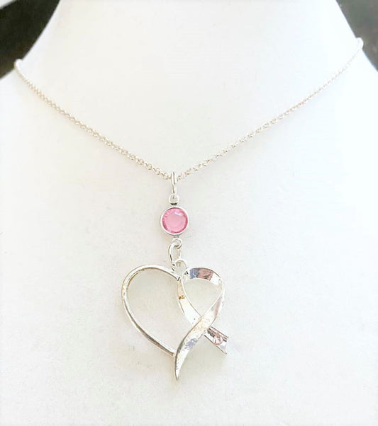 Breast Cancer Pink Heart Awareness Ribbon Necklace Crystal Sterling Silver You Select Chain Length