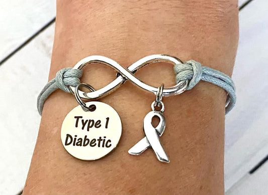 Diabetes Type 1 Gray Awareness Infinity Bracelet Sterling Silver Ribbon Charm Laser Engraved Charm