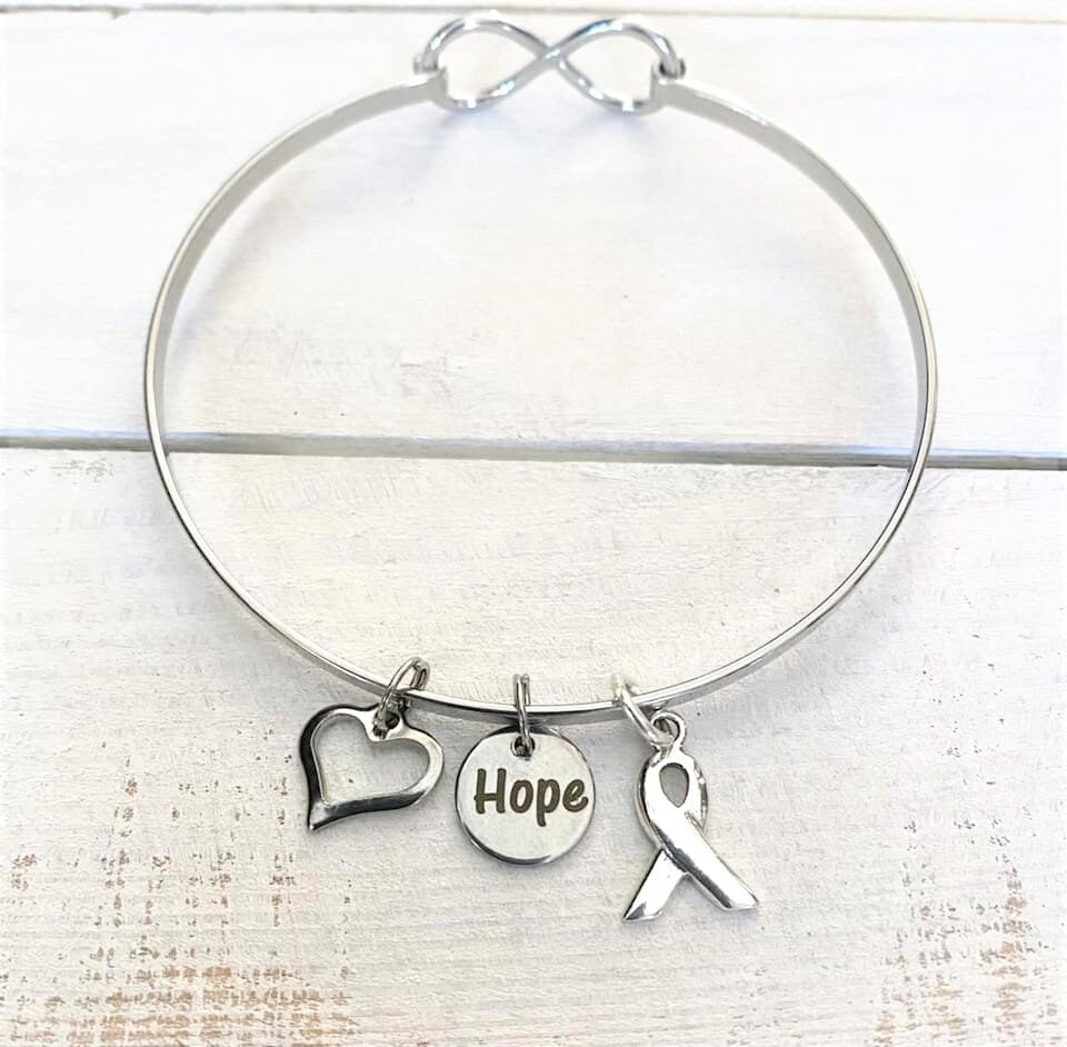 White Awareness HOPE LOVE Lung Cancer Multiple Hereditary Exostoses Severe Combined Immune Deficiency Awareness Bracelet YOU Choose Charm(s)