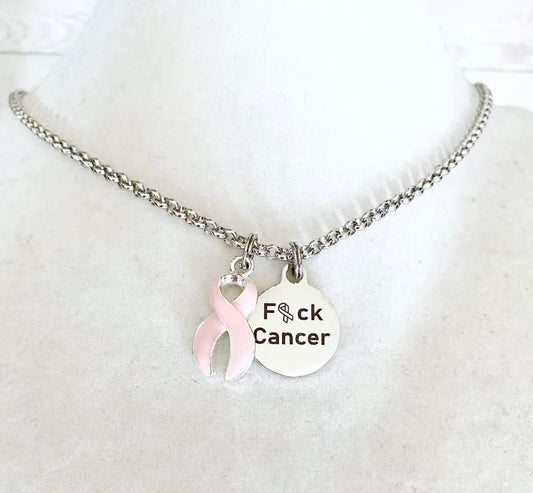 Breast Cancer F#ck Cancer Pink Awareness Ribbon Laser Engraved Necklace You Select Chain Length