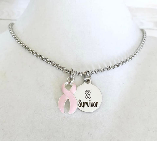 Breast Cancer Survivor Pink Awareness Ribbon Necklace You Select Chain Length