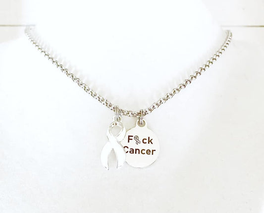 Lung Cancer F#ck Cancer White Awareness Ribbon Laser Engraved Necklace You Select Chain Length