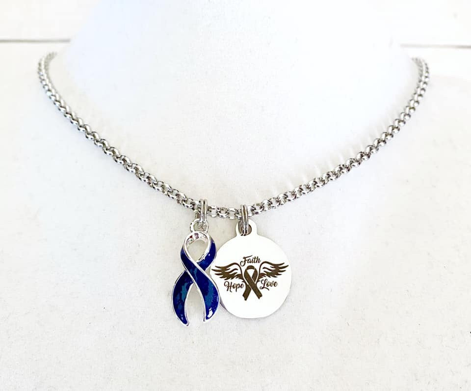 Colon Cancer Awareness Faith Hope Love Blue Ribbon Necklace You Select Chain Length