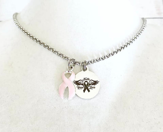 Breast Cancer Pink Faith Hope Love Awareness Ribbon Necklace You Select Chain Length