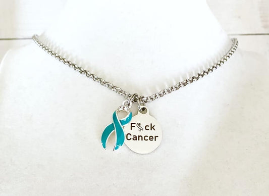 Ovarian Cancer F#ck Cancer Teal Awareness Ribbon Laser Engraved Necklace You Select Chain Length