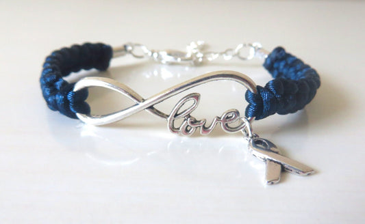 Blue Awareness LOVE Ribbon Charm Bracelet Colon Cancer Arthritis Child Abuse Dystonia Reyes Syndrome Chronic Fatigue Myalgic Encephalopathy