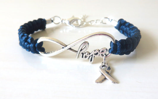 Blue Awareness HOPE Ribbon Charm Bracelet Colon Cancer Arthritis Child Abuse Dystonia Reyes Syndrome Chronic Fatigue Myalgic Encephalopathy