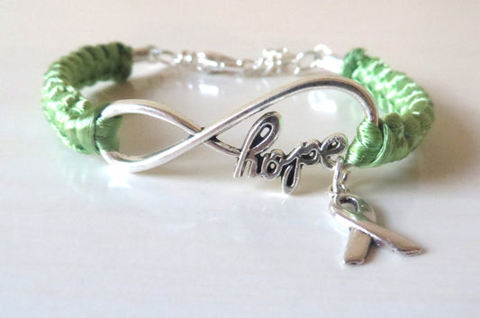 Lime Green HOPE Lymphoma Awareness Ribbon Charm Bracelet With Optional Hand Stamped Alphabet Initial Charm