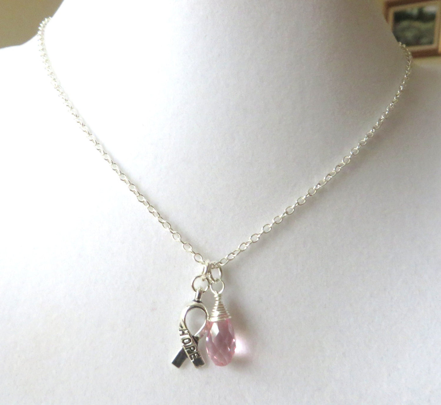 Pink Awareness Ribbon  Hope Survivor Silver Ribbon Pendant Necklace You Choose Ribbon Design