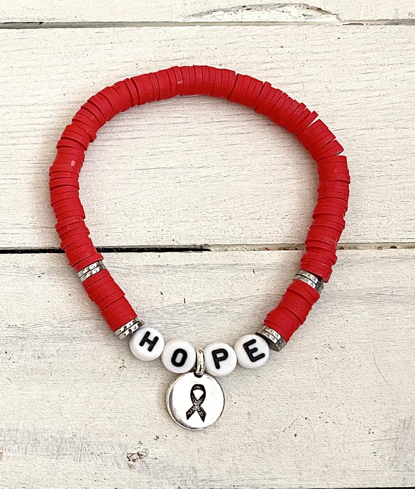 Heart Disease Awareness HIV AIDS Awareness Red Ribbon Stacked Stretch Bracelet Survivor Hope Love You Select Bracelet Length and Wording