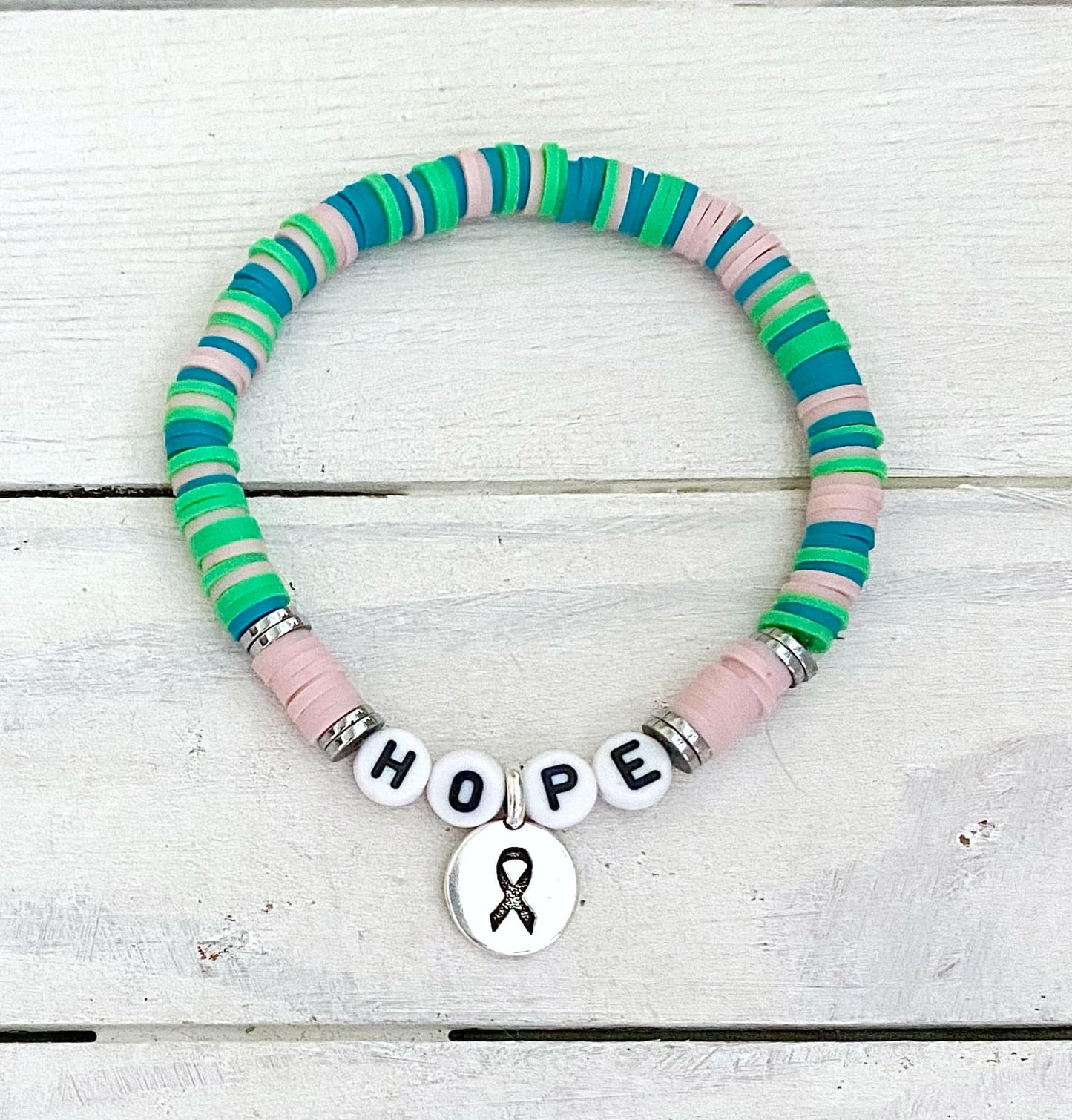 Metastatic Breast Cancer Awareness HOPE LOVE SURVIVOR Stretch Bracelet You Select Wording and Bracelet Size