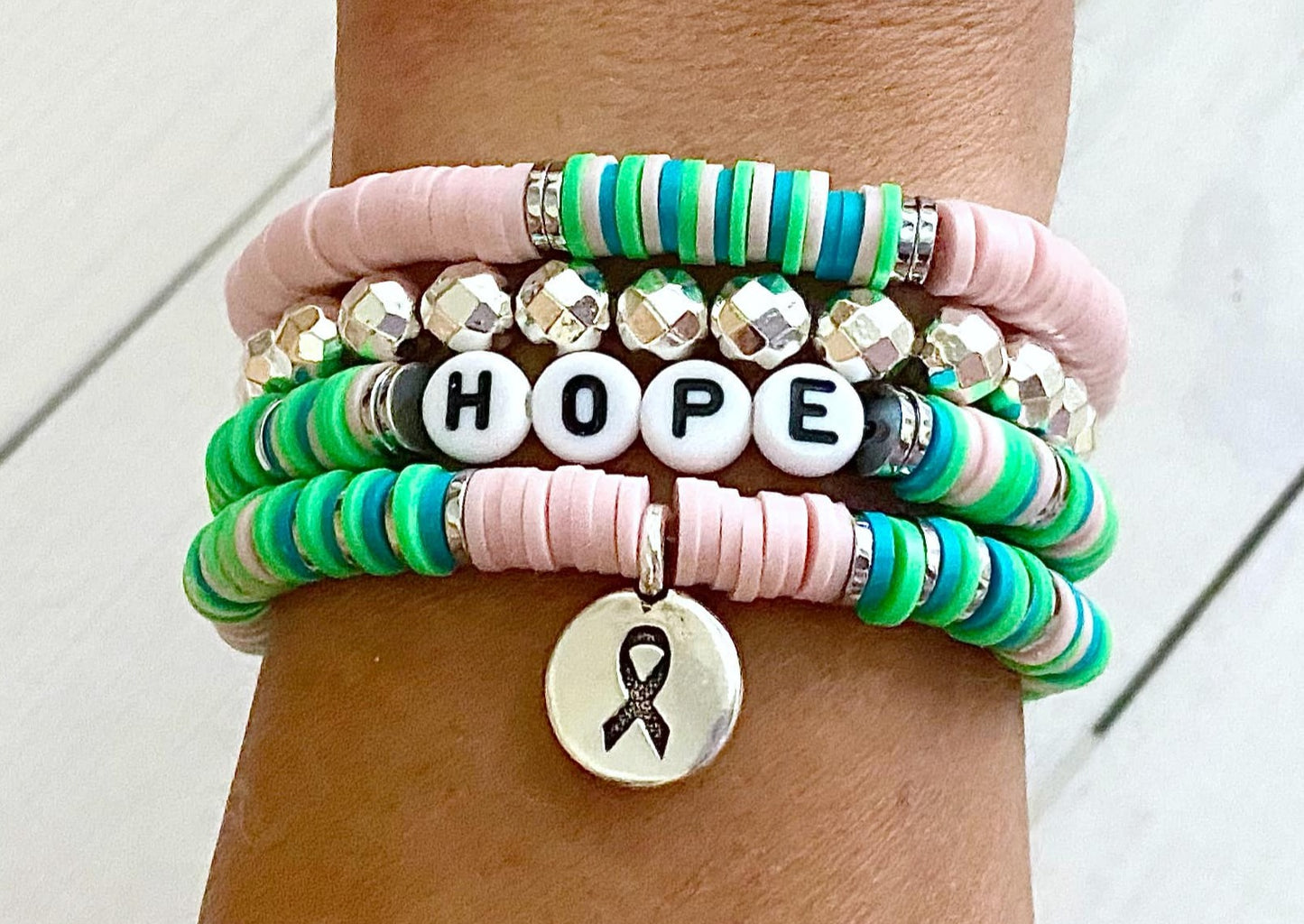 Metastatic Breast Cancer Awareness Ribbon Stacked Stretch Bracelet Set Survivor Hope Love You Select Bracelet Length and Wording