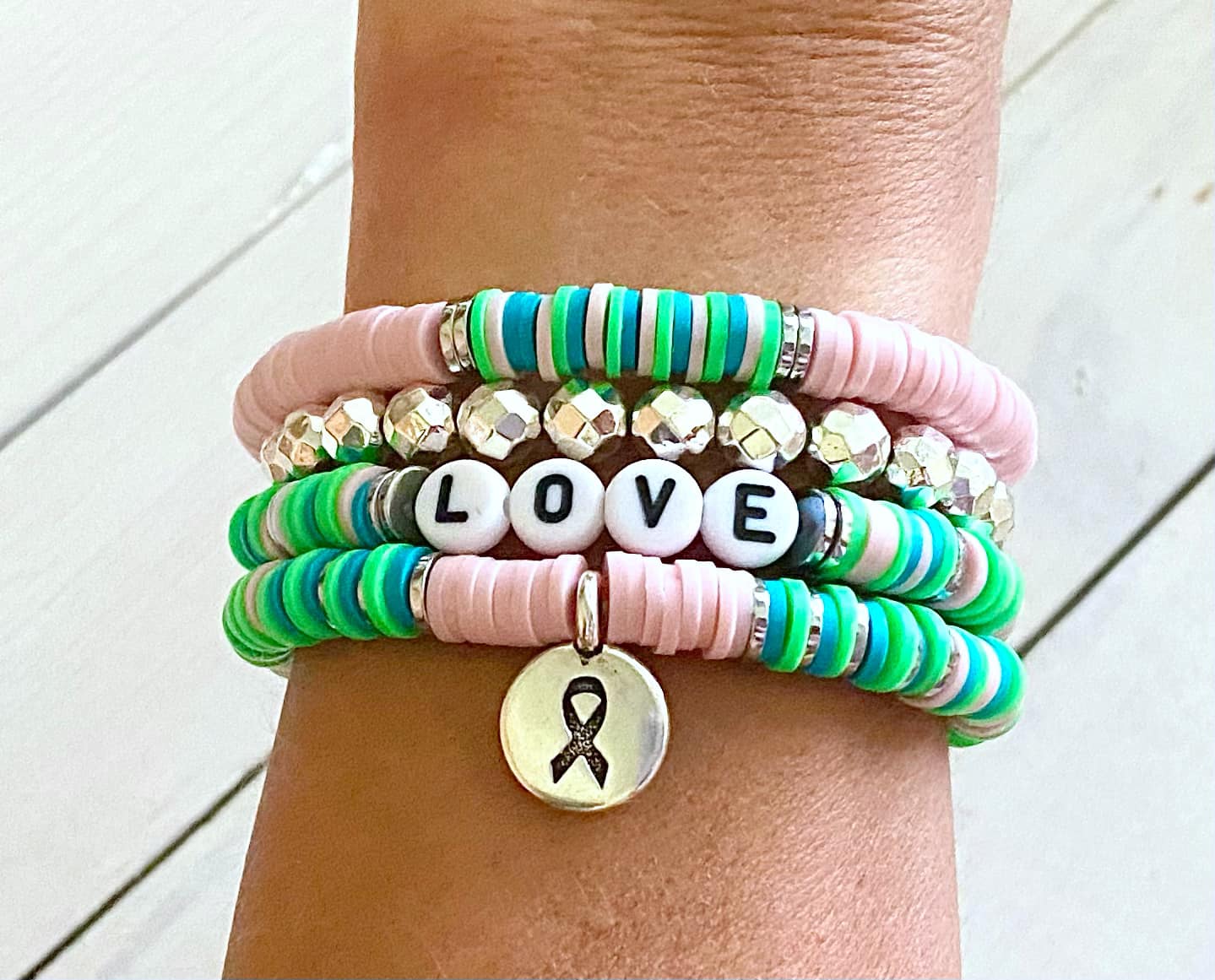 Metastatic Breast Cancer Awareness Ribbon Stacked Stretch Bracelet Set Survivor Hope Love You Select Bracelet Length and Wording