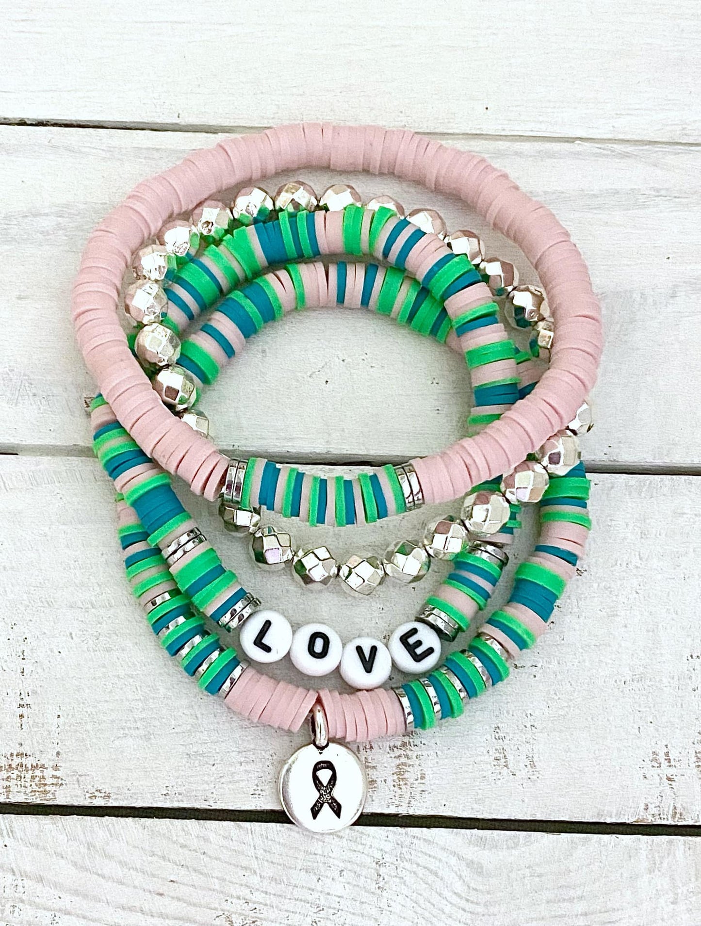 Metastatic Breast Cancer Awareness Ribbon Stacked Stretch Bracelet Set Survivor Hope Love You Select Bracelet Length and Wording