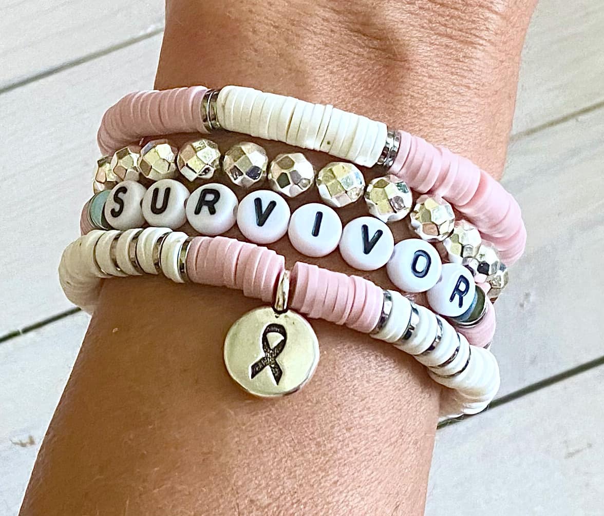 Breast Cancer Pink Stacked Stretch Awareness Ribbon Bracelet Survivor Hope Love Set You Select Bracelet Length and Wording