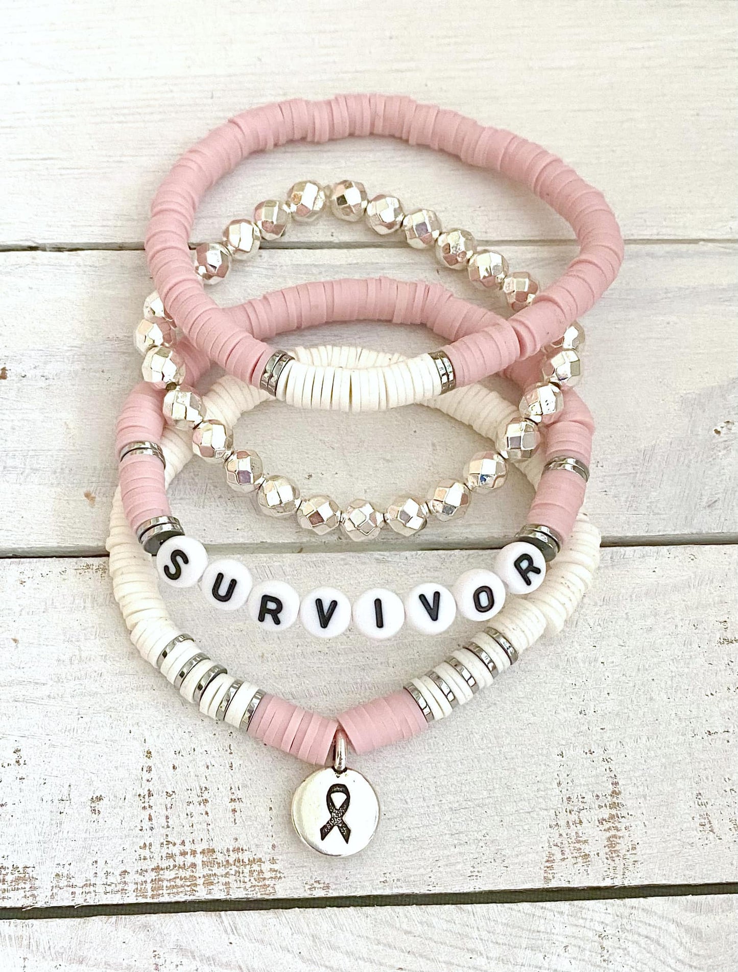 Breast Cancer Pink Stacked Stretch Awareness Ribbon Bracelet Survivor Hope Love Set You Select Bracelet Length and Wording