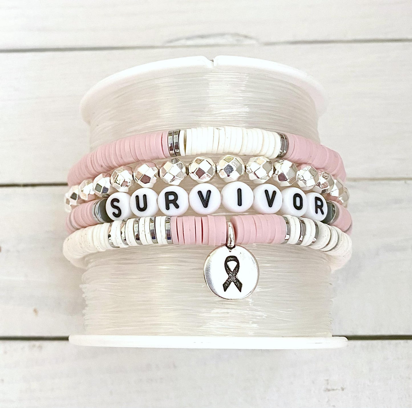 Breast Cancer Pink Stacked Stretch Awareness Ribbon Bracelet Survivor Hope Love Set You Select Bracelet Length and Wording