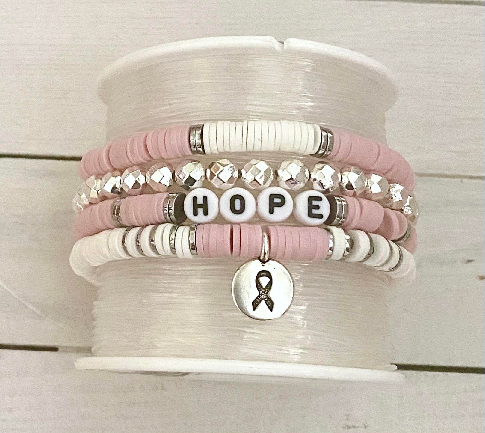 Breast Cancer Pink Stacked Stretch Awareness Ribbon Bracelet Survivor Hope  Love Set You Select Bracelet Length and Wording