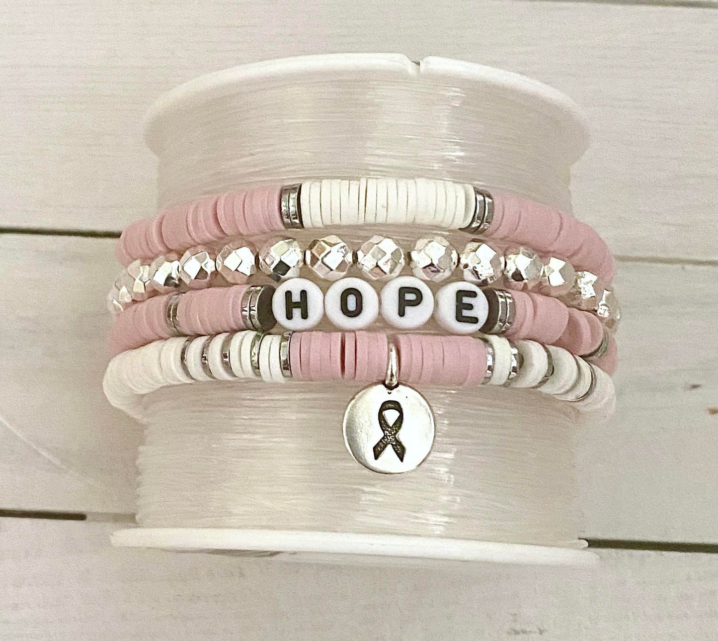 Breast Cancer Pink Stacked Stretch Awareness Ribbon Bracelet Survivor Hope Love Set You Select Bracelet Length and Wording