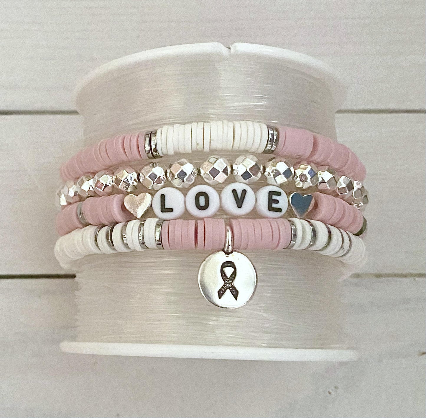 Breast Cancer Pink Stacked Stretch Awareness Ribbon Bracelet Survivor Hope Love Set You Select Bracelet Length and Wording