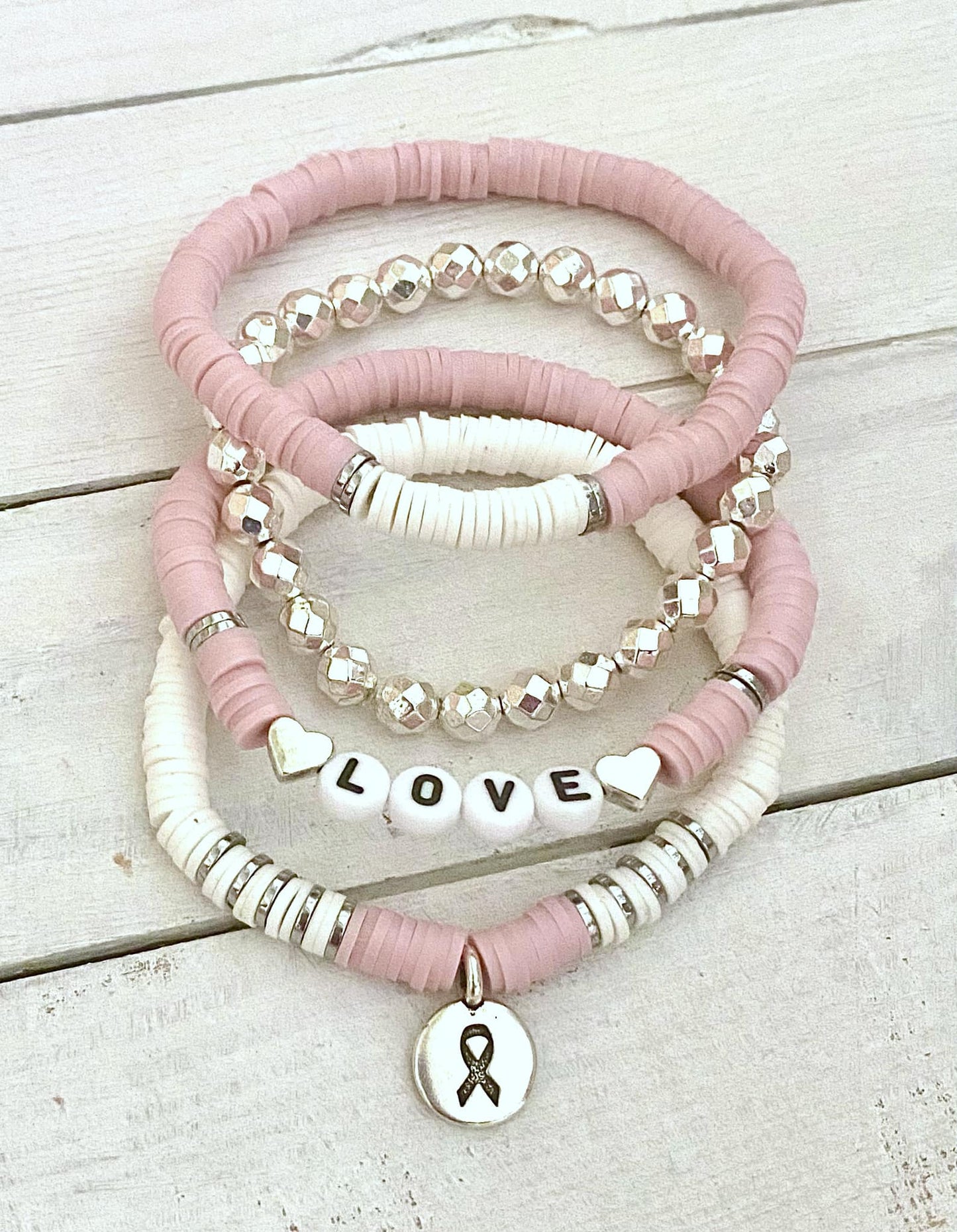 Breast Cancer Pink Stacked Stretch Awareness Ribbon Bracelet Survivor Hope Love Set You Select Bracelet Length and Wording