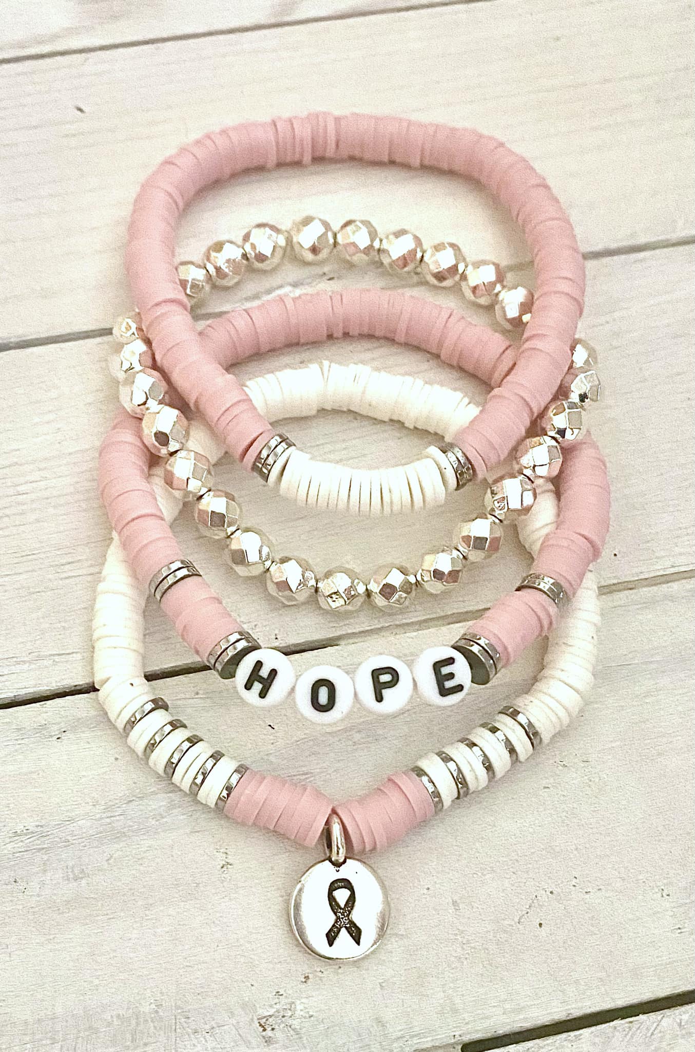 Breast Cancer Pink Stacked Stretch Awareness Ribbon Bracelet Survivor Hope Love Set You Select Bracelet Length and Wording