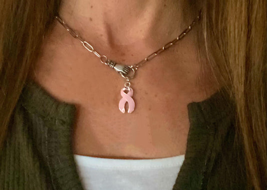 Breast Cancer Pink Awareness Hand Holding Ring Necklace Paperclip Chain Silver Tone You Select Chain Length