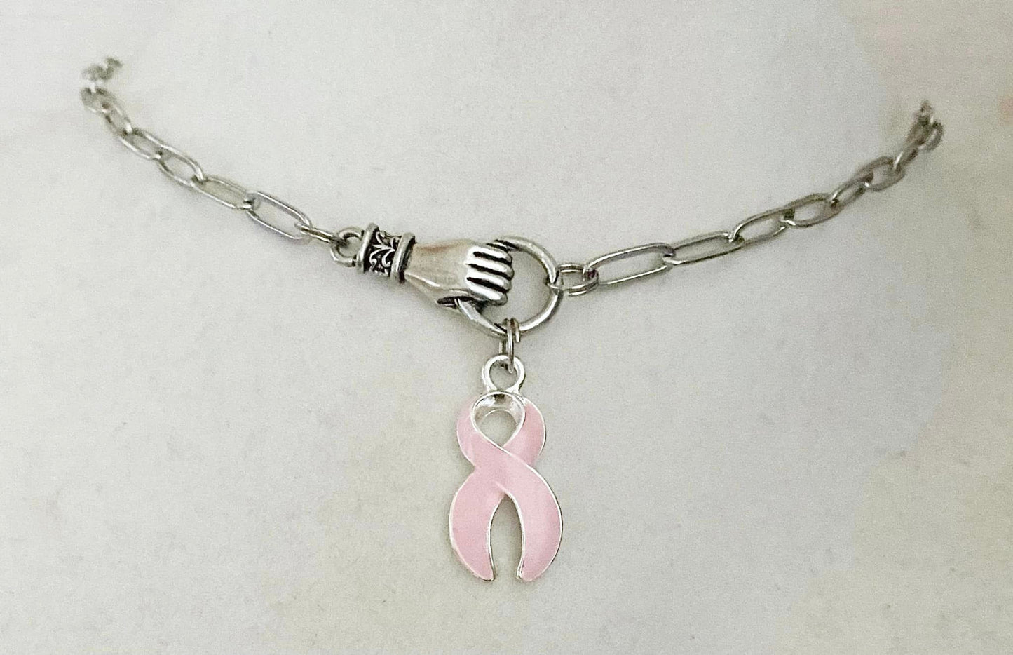 Breast Cancer Pink Awareness Hand Holding Ring Necklace Paperclip Chain Silver Tone You Select Chain Length