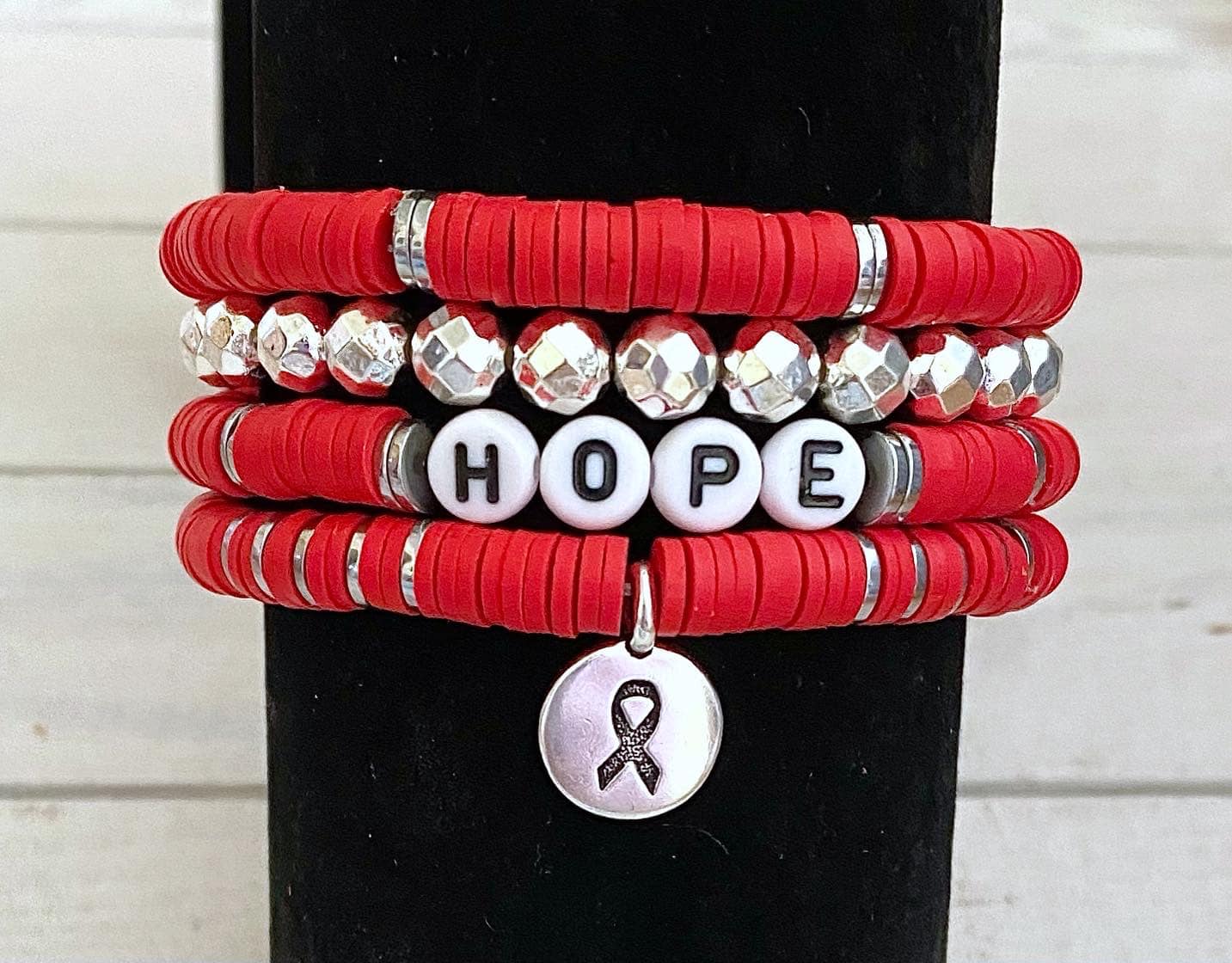 Heart Disease Awareness HIV AIDS Awareness Red Ribbon Stacked Stretch Bracelet Set Survivor Hope Love You Select Bracelet Length and Wording