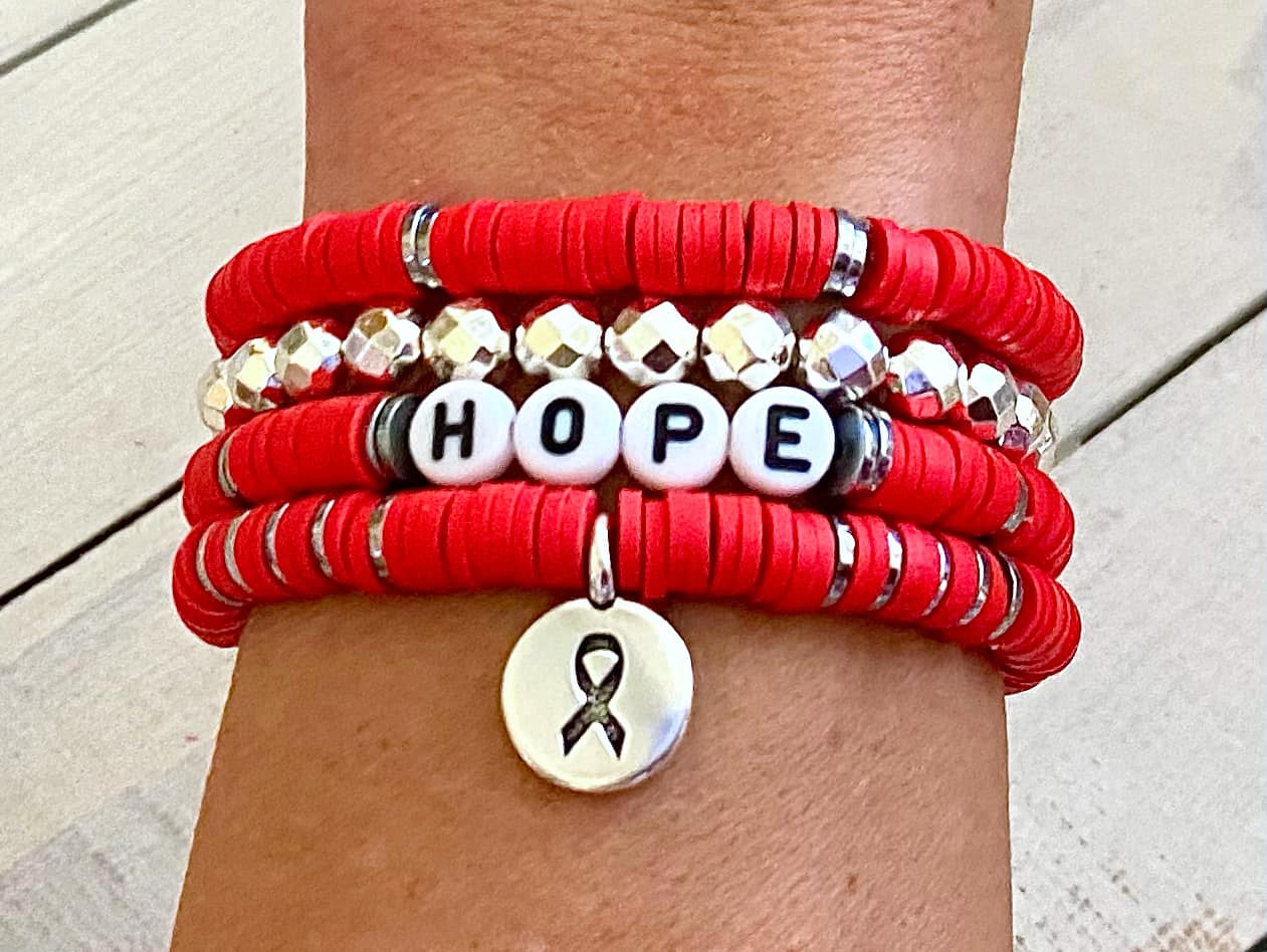 Heart Disease Awareness HIV AIDS Awareness Red Ribbon Stacked Stretch Bracelet Set Survivor Hope Love You Select Bracelet Length and Wording