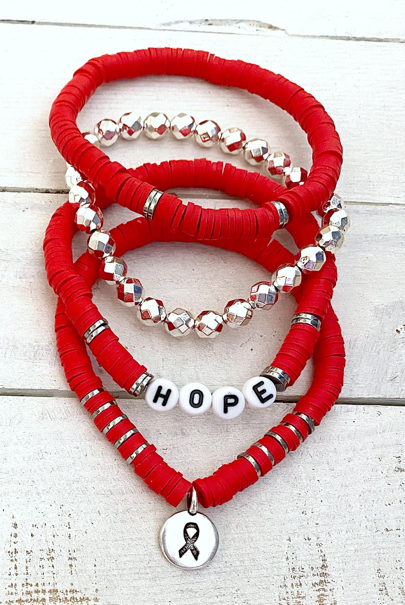 Heart Disease Awareness HIV AIDS Awareness Red Ribbon Stacked Stretch Bracelet Set Survivor Hope Love You Select Bracelet Length and Wording