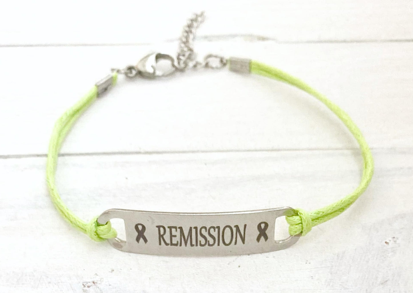 Lymphoma REMISSION Lime Green Awareness Laser Engraved Bracelet