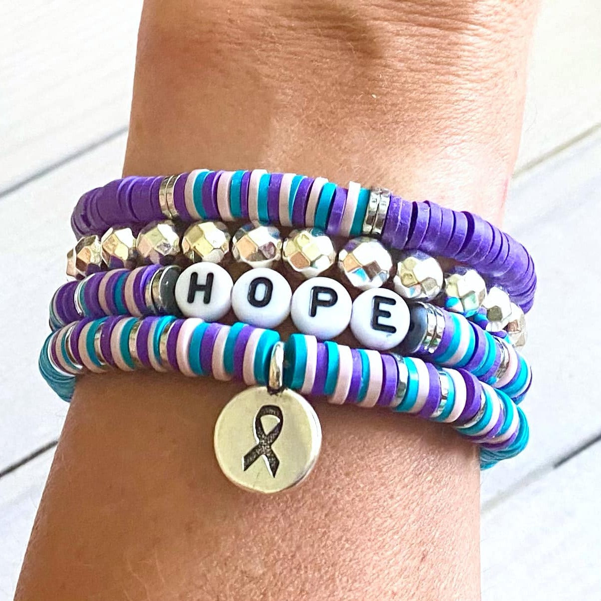 Thyroid Cancer Awareness Ribbon Stacked Stretch Bracelet Set Hashimotos Hypothyroid Hyperthyroid You Select Bracelet Length and Wording