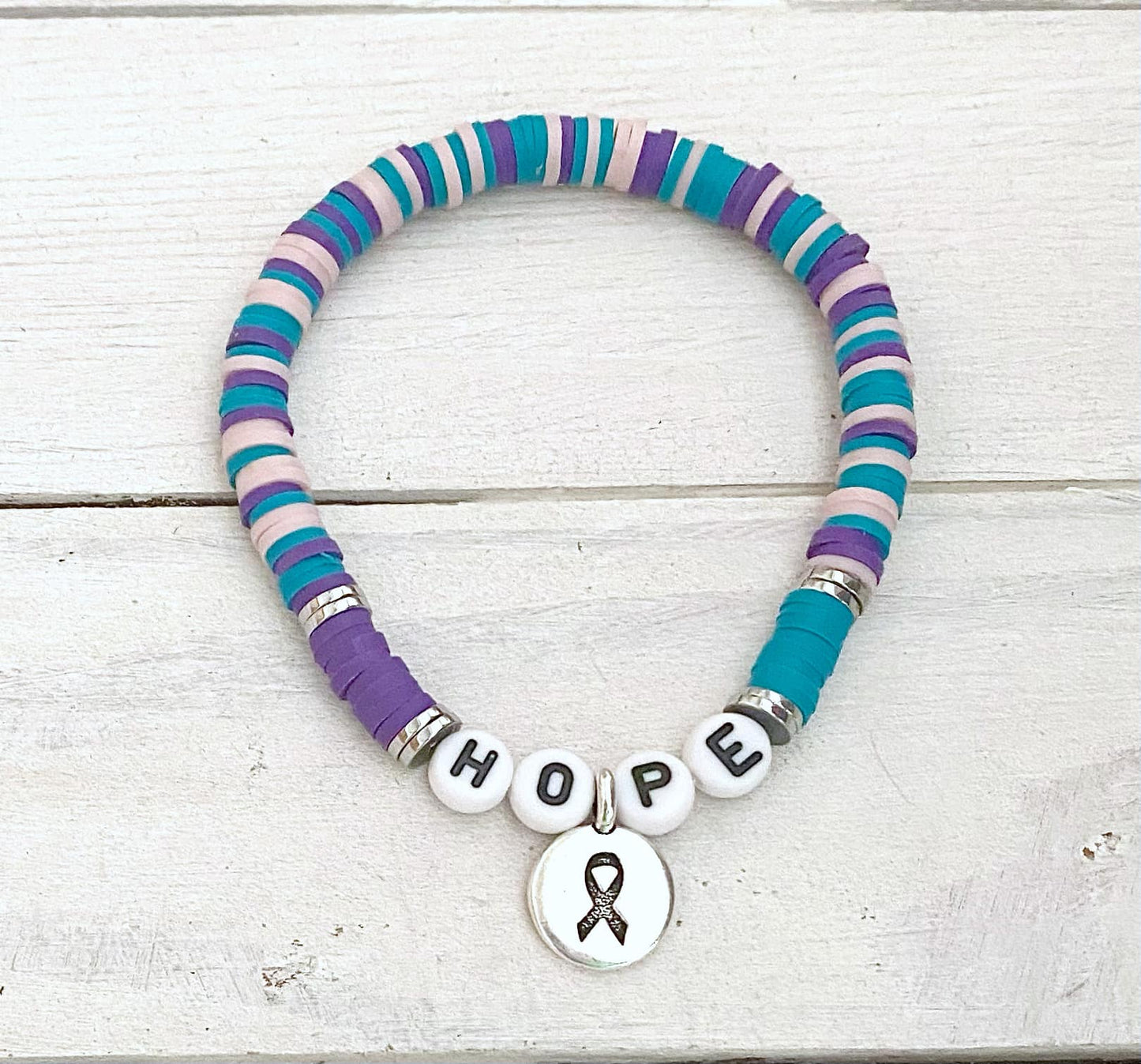 Thyroid Cancer Awareness HOPE LOVE SURVIVOR Stretch Bracelet Hashimotos Hypothyroid Hyperthyroid Graves You Select Wording and Bracelet Size