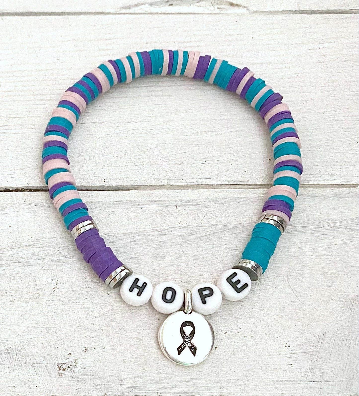 Thyroid Cancer Awareness HOPE LOVE SURVIVOR Stretch Bracelet Hashimotos Hypothyroid Hyperthyroid Graves You Select Wording and Bracelet Size