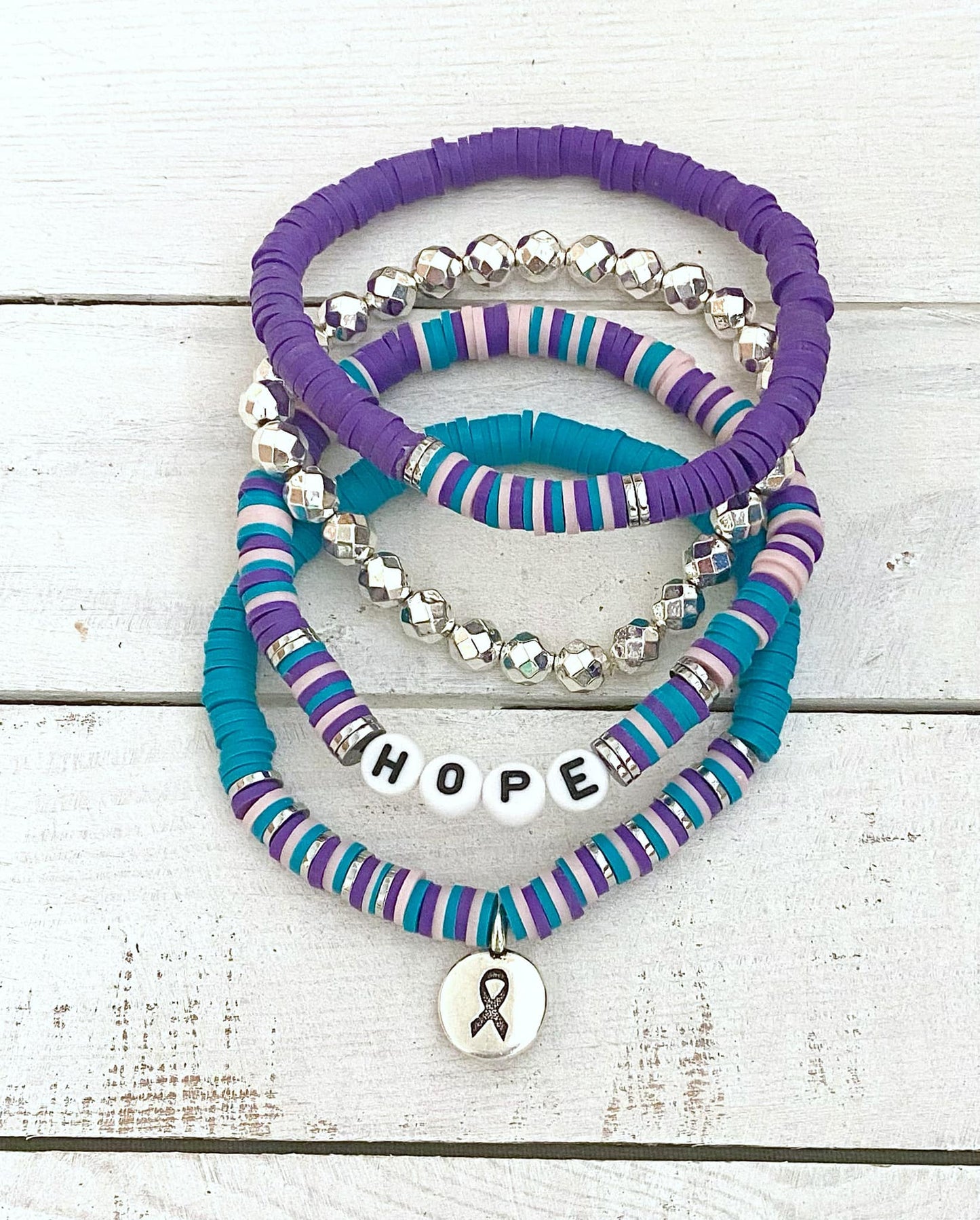 Thyroid Cancer Awareness Ribbon Stacked Stretch Bracelet Set Hashimotos Hypothyroid Hyperthyroid You Select Bracelet Length and Wording