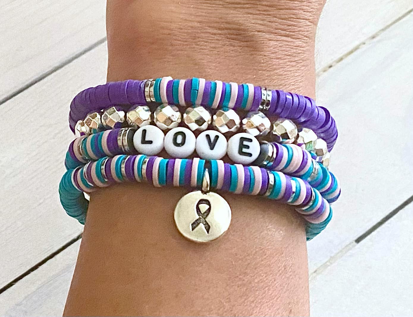 Thyroid Cancer Awareness Ribbon Stacked Stretch Bracelet Set Hashimotos Hypothyroid Hyperthyroid You Select Bracelet Length and Wording