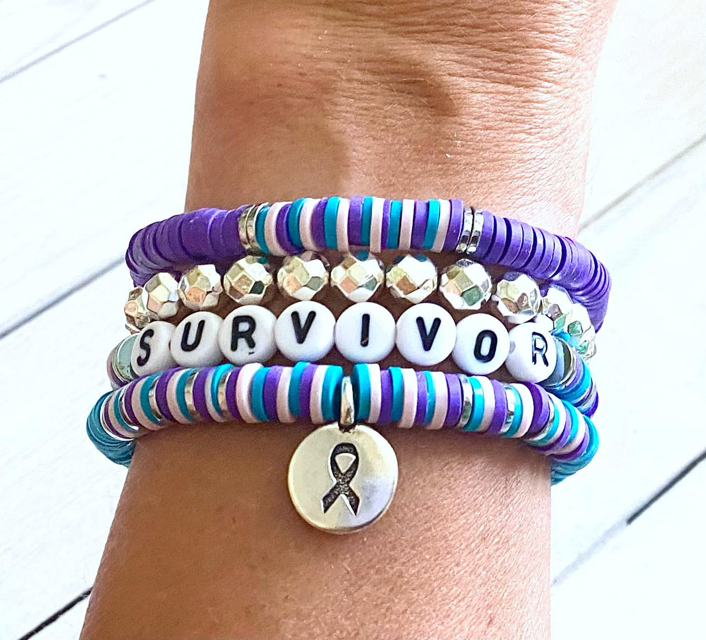 Thyroid Cancer Awareness Ribbon Stacked Stretch Bracelet Set Hashimotos Hypothyroid Hyperthyroid You Select Bracelet Length and Wording