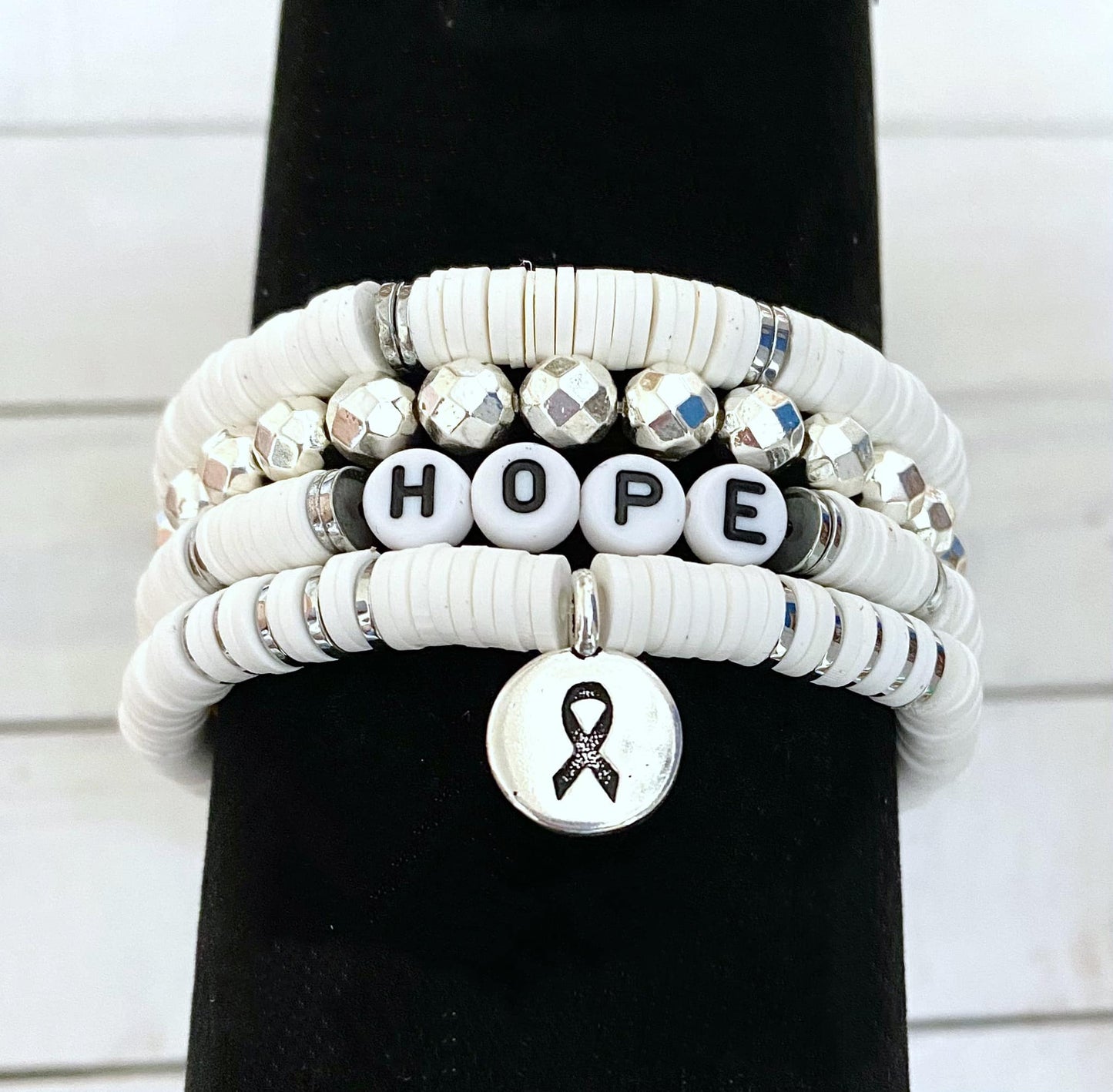 Lung Cancer HOPE LOVE SURVIVOR Personalizable Stretch Bracelet Heishi Bead Set You Select Wording and Bracelet Size