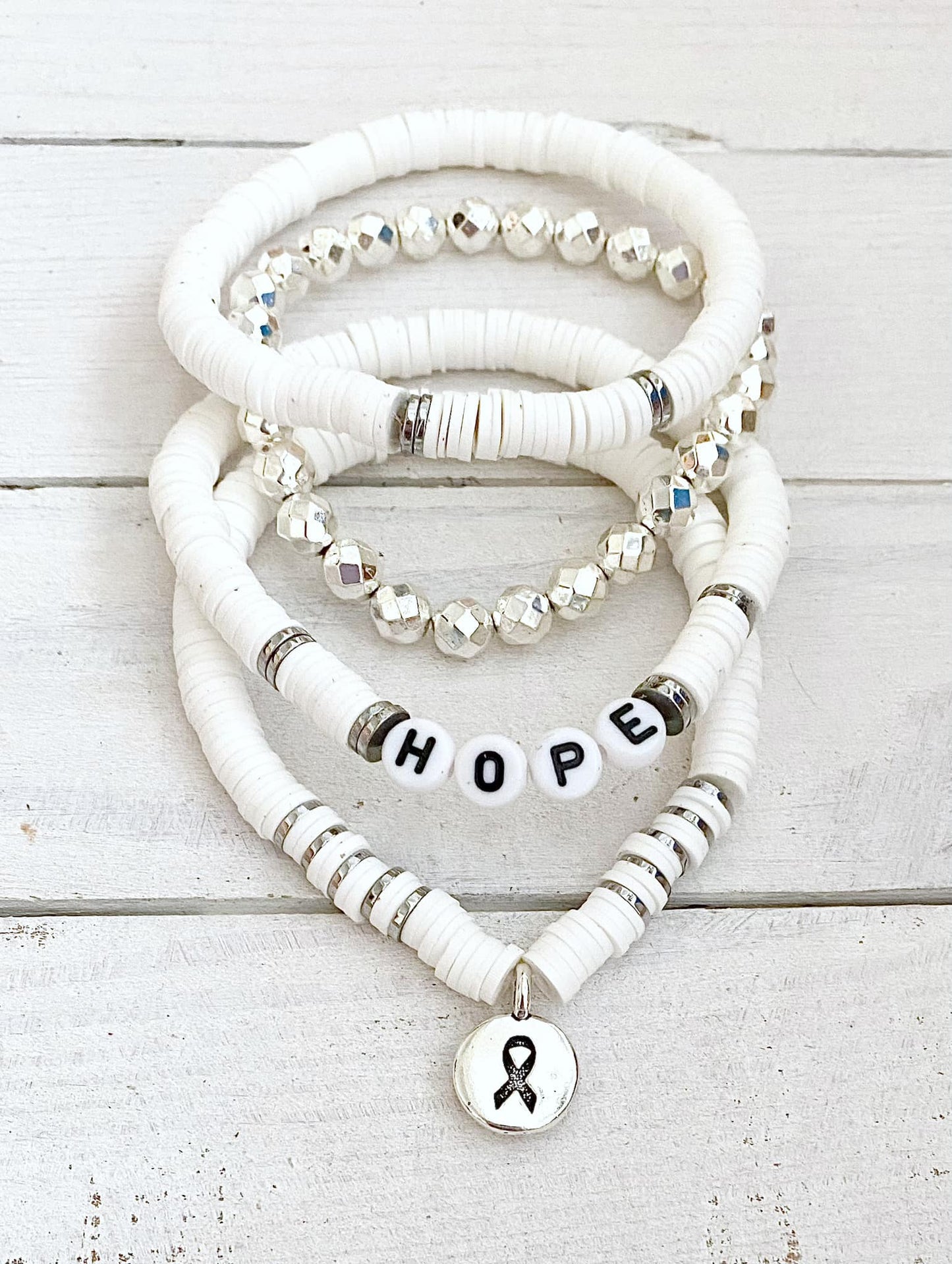 Lung Cancer HOPE LOVE SURVIVOR Personalizable Stretch Bracelet Heishi Bead Set You Select Wording and Bracelet Size