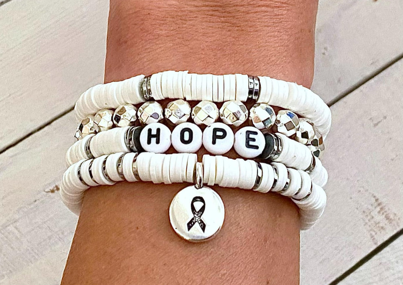 Lung Cancer HOPE LOVE SURVIVOR Personalizable Stretch Bracelet Heishi Bead Set You Select Wording and Bracelet Size