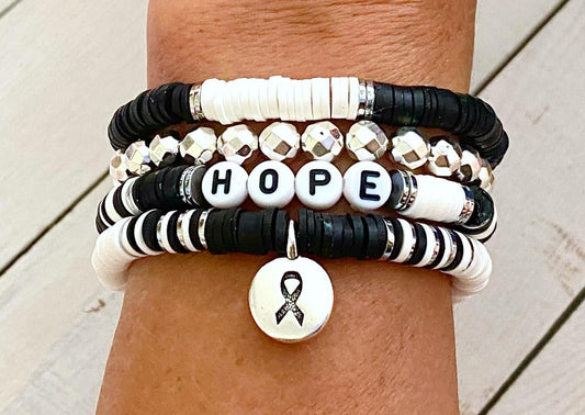 Carcinoid Cancer CVID Black White Stacked Stretch Awareness Ribbon Bracelet Survivor Hope Love Set You Select Bracelet Length and Wording