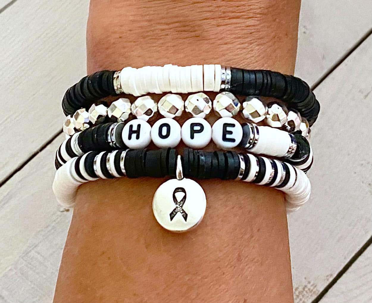 Carcinoid Cancer CVID Black White Stacked Stretch Awareness Ribbon Bracelet Survivor Hope Love Set You Select Bracelet Length and Wording